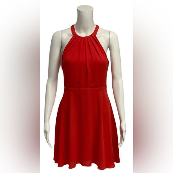 Express Dress Sz 4 Red Halter Fit & Flair Sleeveless Mini Summer Cocktail Party - Picture 1 of 15